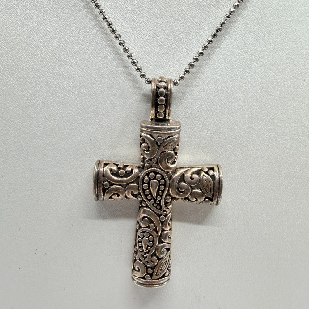 Vintage Silver Tone Bali Filigree Cross Pendant Necklace Retro Gothic Boho